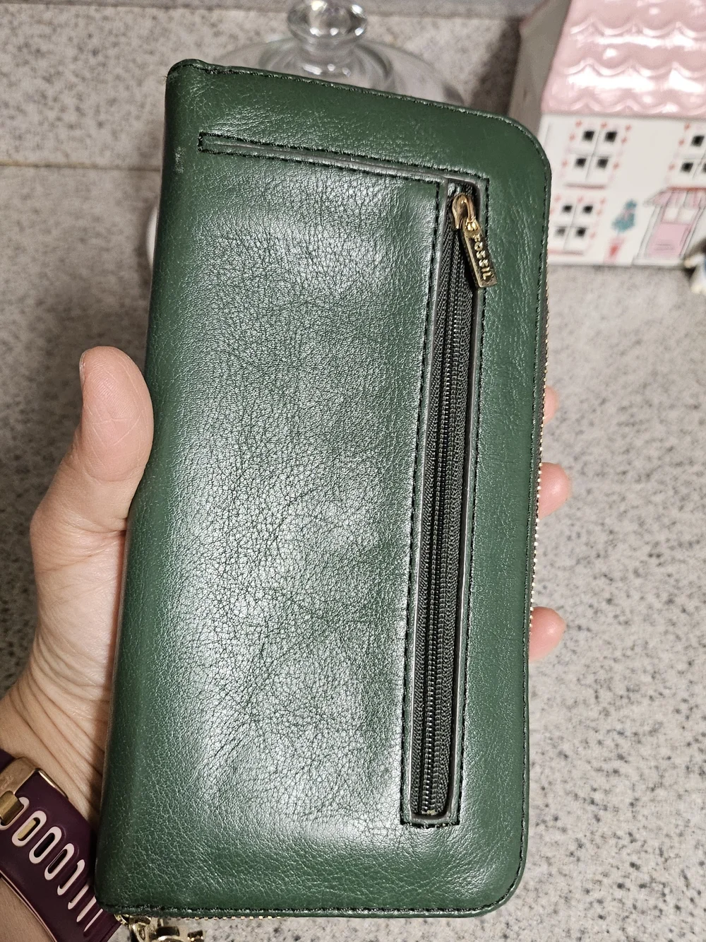 Fossil Green Leather Zip Wallet